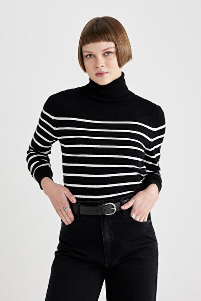 DeFacto Pulover de tricotaj cu guler în dungi cu ajustare normală C1650ax23wn