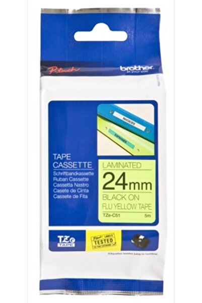 P-Touch TZE-C51 TZE-TAPE 24 MM Sarı üzerine Siyah Fosforlu Laminasyonlu Etiket