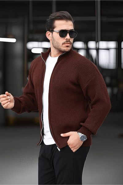 Valiberta Oversize Thessaloniki Knitted Zippered Men's Cardigan - Brown