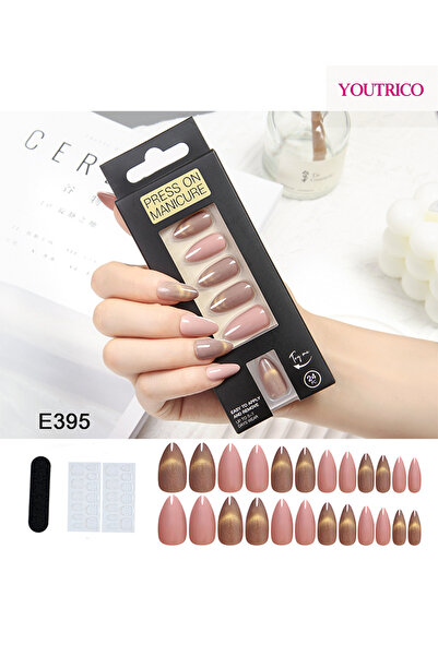 Youtrico 24 أظافر صناعية، موديل يومي، عين القطة الذهبية، شكل بيضاوي،