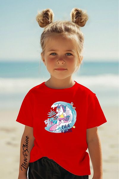 New Shine In Cart 6 or More Purchases Get 1 T-Shirt as a Gift - Surfer Unicorn Printed Oversize Children's T-Shirt