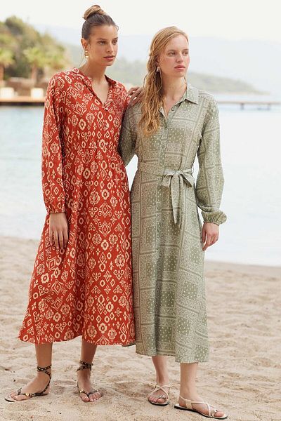 DeFacto Patterned Shirt Collar Aerobin Midi Dress - Long Sleeve and Belted C2501ax24sm