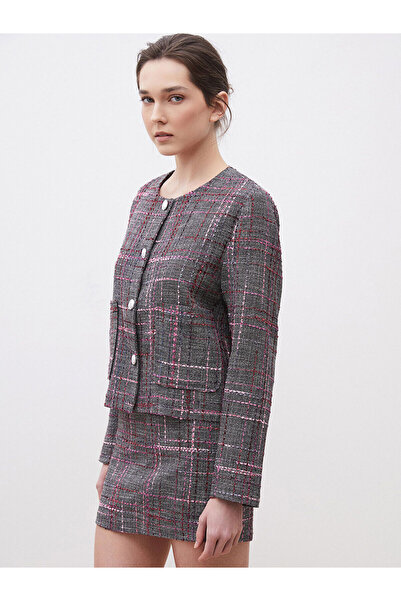 LC Waikiki Nevavm Oval Collar Plaid Women's Tweed Jacket with a Difference
