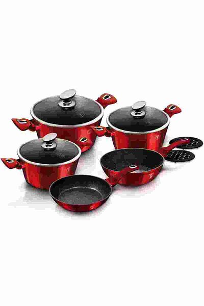 Berlinger 10 Pcs Pot Pan Marble Cookware Set Burgundy Metallic Line