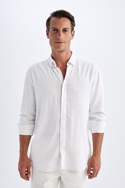 DeFacto Relax Fit Polo Yaka Keten Karışımlı Pamuklu Basic Düz Uzun Kollu Gömlek C1106ax24sm