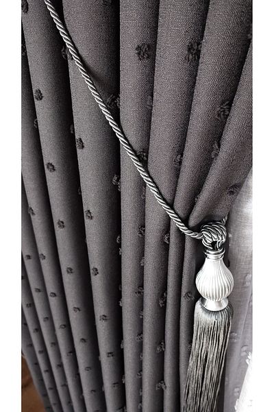 Yuka Pompom Linen Textured Curtain - Anthracite Panel Background - Luxury Heavy Weight - Single Wing