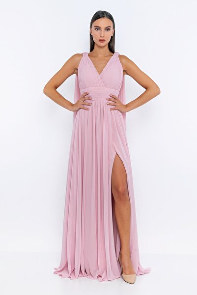 INVIDIA Omzu Pelerin Detaylı Yırtmaçlı Abiye