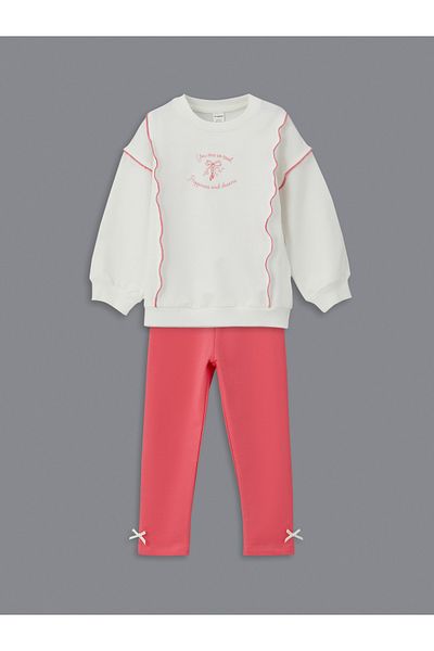 LC Waikiki Ribbon Detailed Girls Sweatshirt and Leggings 2-Piece