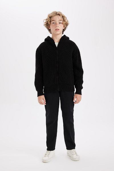 DeFacto Boy's Basic Plain Knitwear Fleece Inside Hooded Zippered Black School Cardigan U4282A624Au