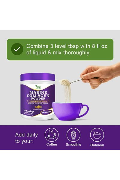 NBL Natural Marine Collagen Powder, Unflavoured, 12g Collagen Per Serving, 221g, 18 Servings