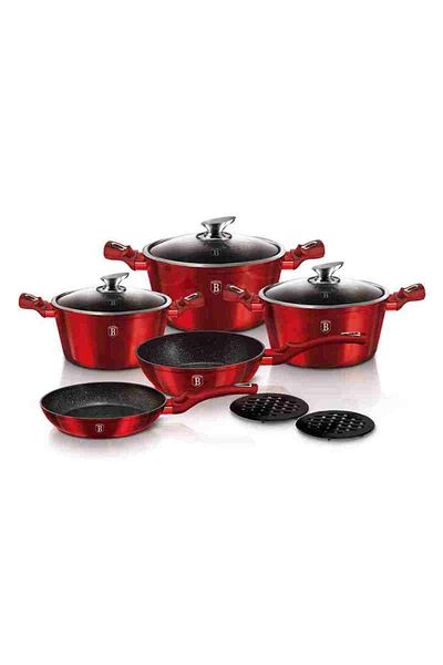 Berlinger 10 Pcs Pot Pan Marble Cookware Set Burgundy Metallic Line