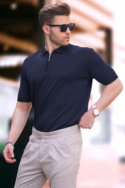 Madmext Μπλουζάκι με φερμουάρ Navy Blue με λεπτομέρεια πλεκτό γιακά πόλο 6885