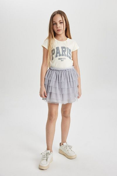DeFacto Girls' Slim Fit Close-Fitting Crew Neck Rib Printed Short Sleeve T-Shirt C2953A824Sm