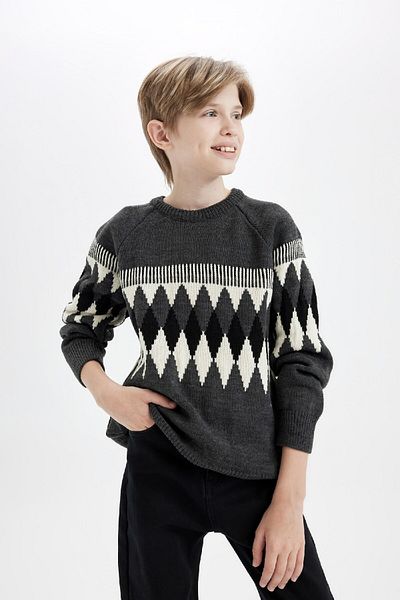 DeFacto Boy's Crew Neck Diamond Patterned Knitwear Sweater C3138A824Cw