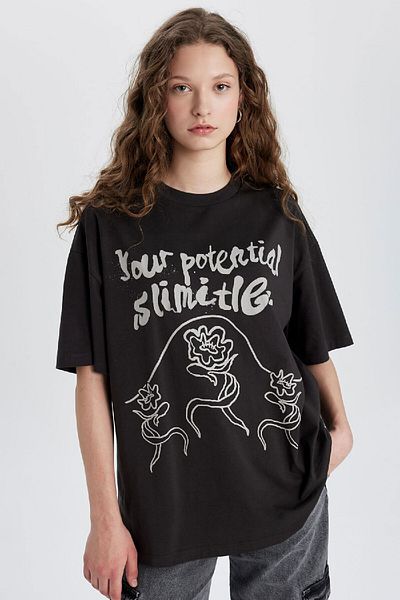 DeFacto Oversize Wide Fit Crew Neck Printed Short Sleeve T-Shirt C3124Ax24Sm