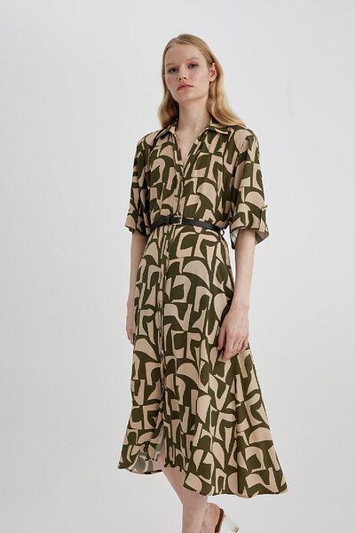 DeFacto Patterned Shirt Collar Midi Dress - Half Sleeve, C2448ax24sp