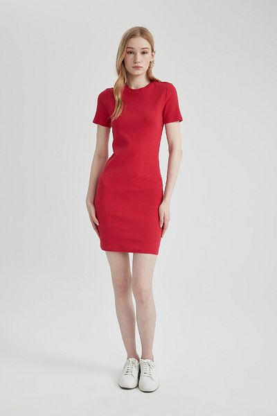 DeFacto Crew Neck Ribbed Bodycon Mini Dress - Short Sleeve, C1503Ax24Sp