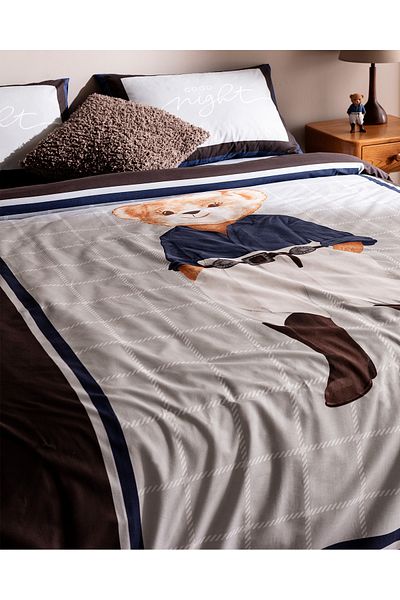 Madame Coco Gournay Bear Single 100% Cotton Ranforce Printed Duvet Cover Set - Gray
