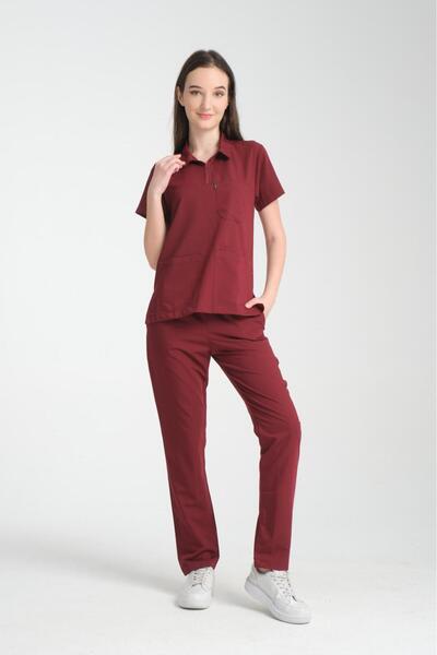 YILMAZ Üniforma Bordo renk POLO yaka Unisex likralı ütü istemeyen doktor hemş...