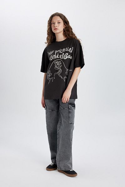 DeFacto Oversize Wide Fit Crew Neck Printed Short Sleeve T-Shirt C3124Ax24Sm