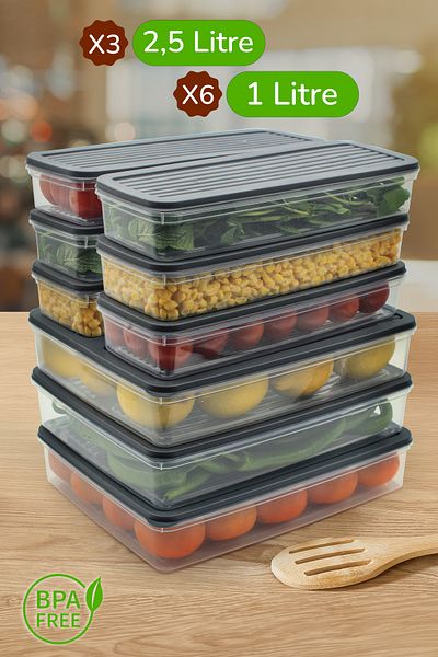 Ayshe Home Concept 9-Piece Storage Container, Microwave Compatible Food Storage Container White-Anthracite 3 X 2500 ml - 6 X 1000 ml