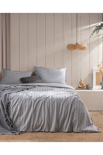 Madame Coco Melicia Double Cotton Striped Satin Duvet Cover Set - Gray