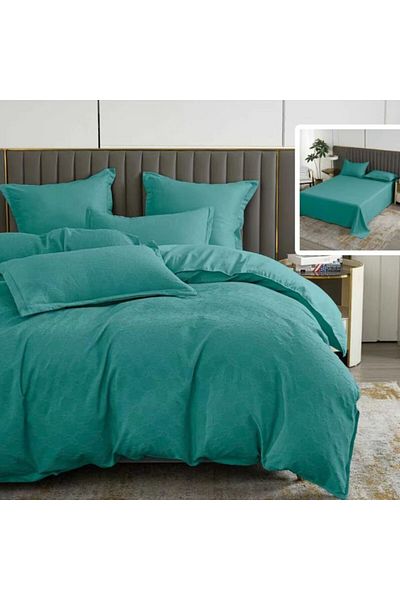 Pucioasa 6-piece baroque plain natural double bed linen, polycotton, Turquoise