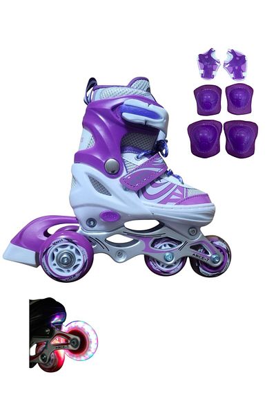 crayz toys Lighted Silicone Wheel - Metal Body 2+2 Adjustable Children & Adult Skates + Knee Pads