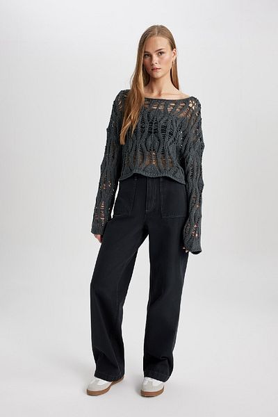 DeFacto Cool Relax Fit Háčkovaný svetr s otevřenými rameny C2585Ax24Sp
