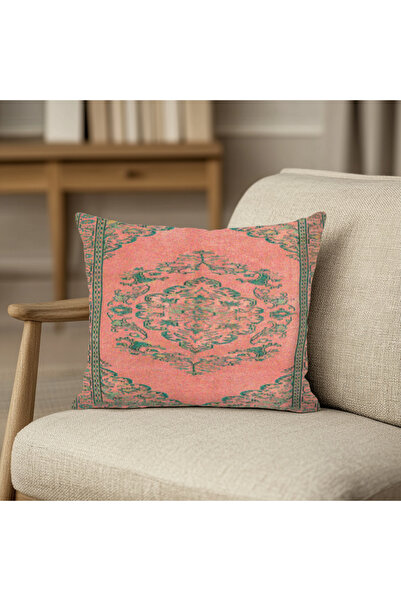 TURKISHRUG KINGDOM غطاء وسادة مربع الشكل منقوش باللون الوردي والأخضر على الوجهين