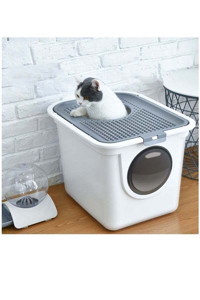 COOYA Enclosed cat litter box with scoop, two-way entrance and exit, easy to clean, splash-proof, gray