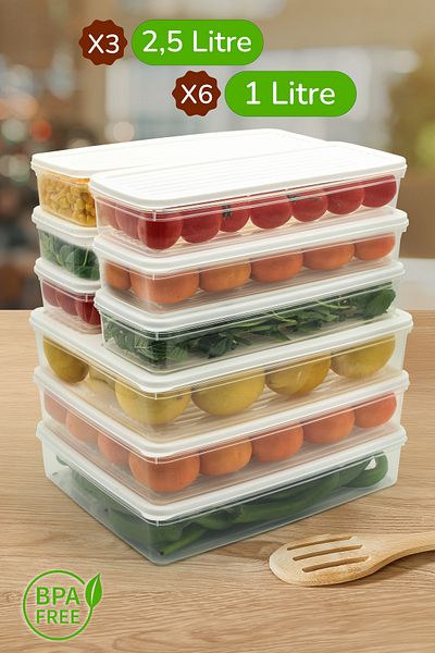 Ayshe Home Concept 9-Piece Storage Container, Microwave Compatible Food Storage Container White-Anthracite 3 X 2500 ml - 6 X 1000 ml