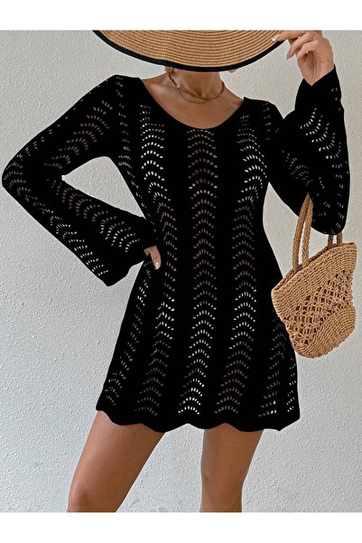 TRQOM Εξώπλατο κορδόνι με λαιμόκοψη V μανίκι καμπάνα μαύρο χρώμα Casual φόρεμα παραλίας