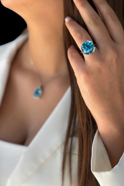 Utku Kuyumculuk 14 Ayar 15,48 Ct Blue Topaz H Rengi Pırlanta Taşlı Beyaz Altın Pırlanta Yüzük