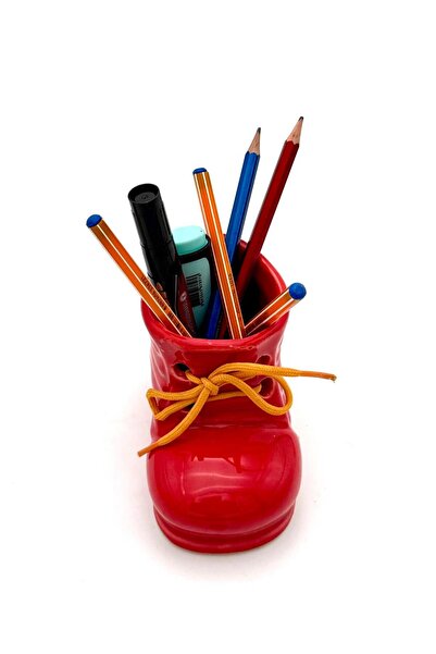 ELİOSA Seramik Ayakkabı Figürlü Kalemlik - Saksı - Dekoratif Obje (KIRMIZI)