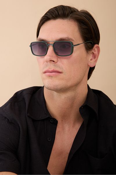 Eyesofia Shot Rectangular Men's Unisex Titanium Matte Green Sunglasses