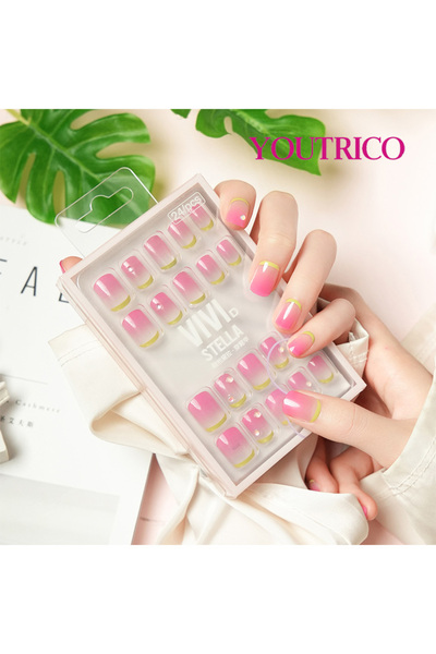 Youtrico 24 أظافر صناعية قصيرة مربعة الشكل، ذات حواف خضراء فرنسية متدرجة