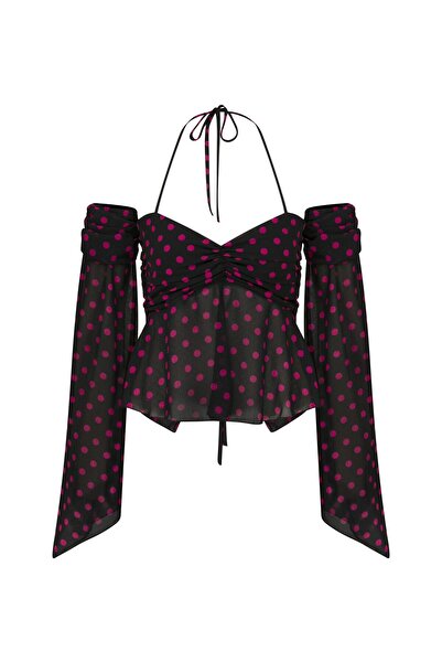 MERT ERKAN Siyah Üzeri Fuşya Puantiyeli & Bağlama Detaylı Blouse