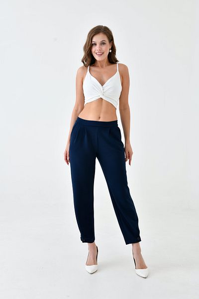 ubmbutik Women's Trousers - Buttoned Legs - Elastic Back Waist - Straight Front Belt - Crepe Fabric - Comfortable Fit Trousers