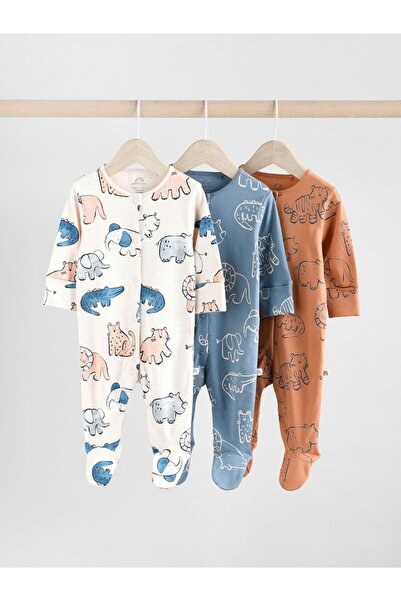 Next Baby %100 Pamuklu Mavi Animal Desenli 3'lü Tulum Set