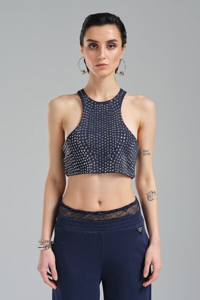 tw3 Kadın Taşlı Örme Kumaş Slim Fit Tasarım Crop Bluz