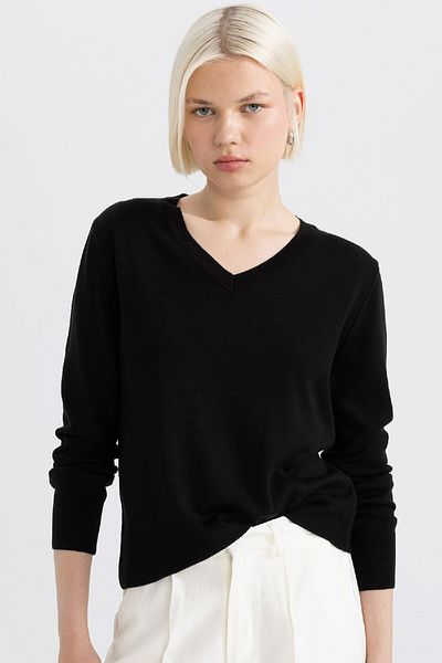 DeFacto Pulover negru din tricotaje cu decolteu în V Relax Fit - Texturat moale C4024ax24wn