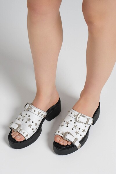 tw3 Women's Genuine Leather Belt Detailed Design Slippers