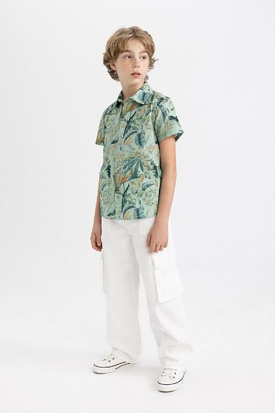 DeFacto Boy's Polo Neck Linen Look Patterned Short Sleeve Shirt C3424a824hs