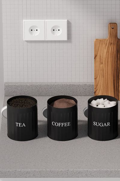 hemlife 3-Piece Metal Lid Metal Storage Box Tea Coffee Sugar Jar Storage Container Black/White