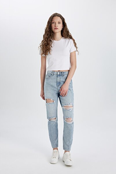 DeFacto Roztrhaný detail s vysokým pasem Džíny Mom Fit – délka ke kotníkům, omyvatelné kalhoty C2318AX24HS