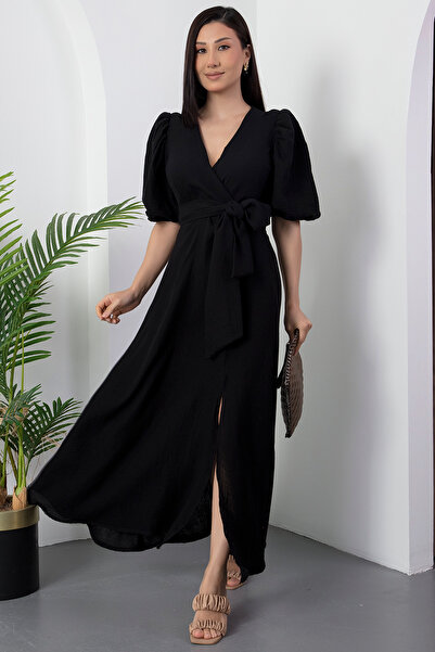 PULLIMM Kruvaze Yaka Yırtmaçlı Bağlamalı Keten Elbise NY4558