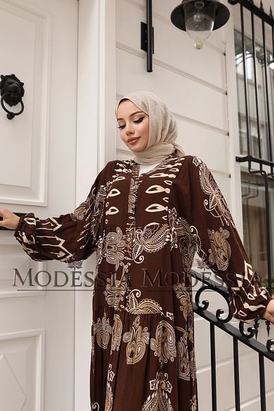 modessia Women's Brown 100% Viscose Cotton V-Neck Alaçatı Model Layered Dress V6532