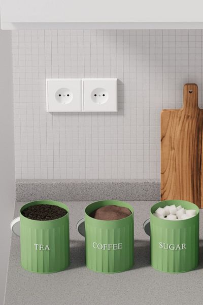 hemlife 3-Piece Metal Lid Metal Storage Box Tea Coffee Sugar Jar Storage Container Green/White