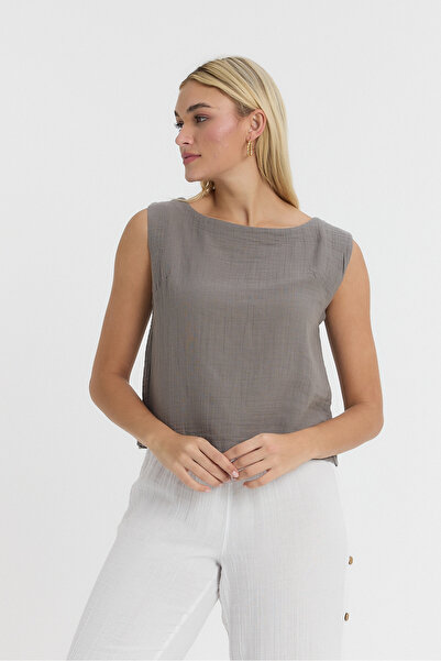 TCT TEKSTİL بلوزة نسائية - موسلين - أكمام صفر - كروب - 1040